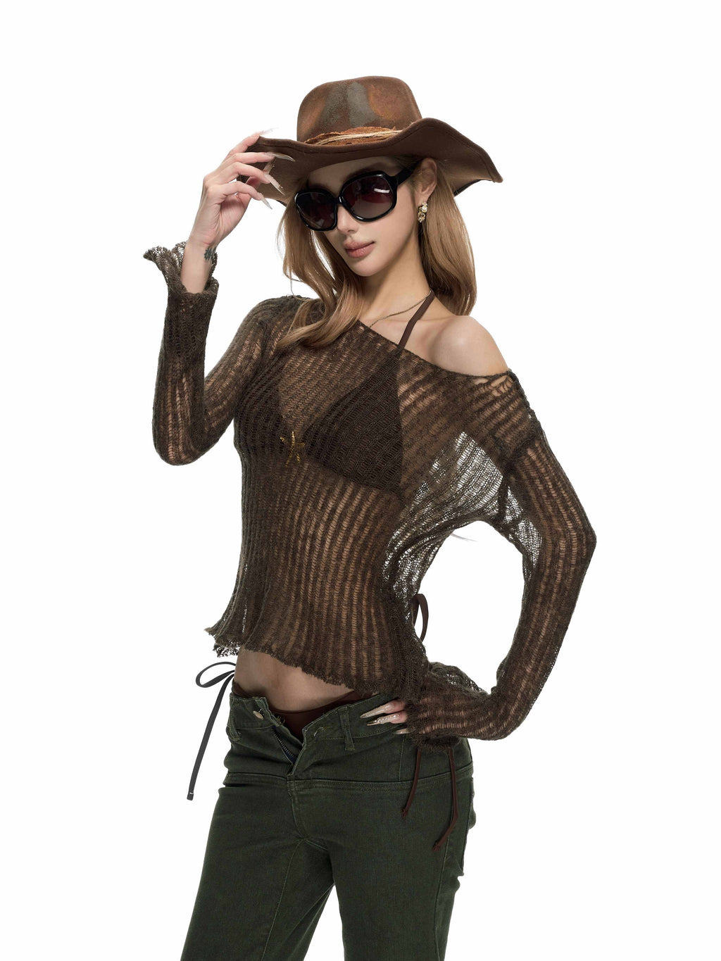 Fanptntox_Two_Tone_Striped_Cutout_Sheer_Knit_Women's_Polyester_Off-shoulder_Sweaters_1017751964980_MISSTT