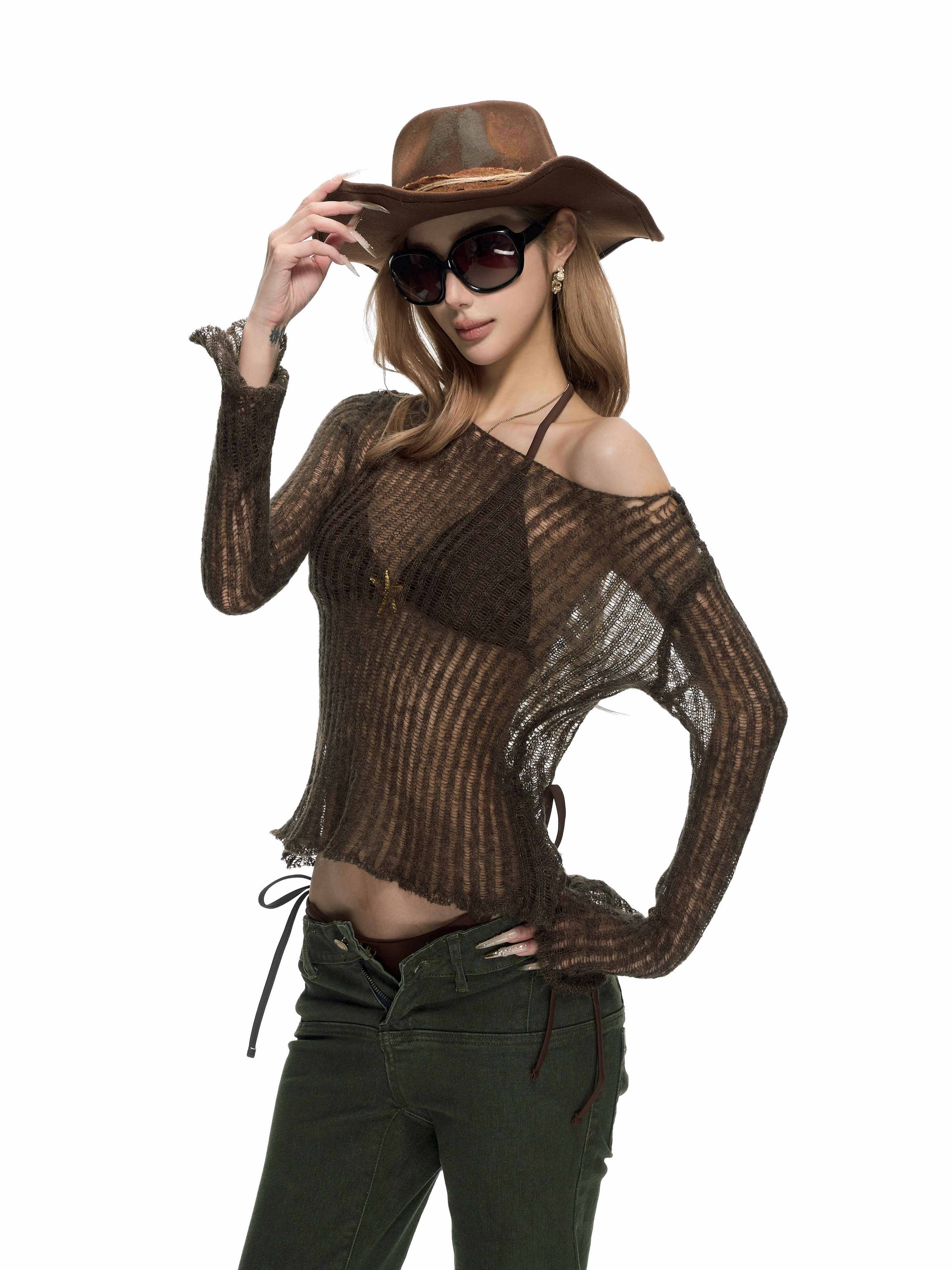 Fanptntox_Two_Tone_Striped_Cutout_Sheer_Knit_Women's_Polyester_Off-shoulder_Sweaters_1017751964980_MISSTT