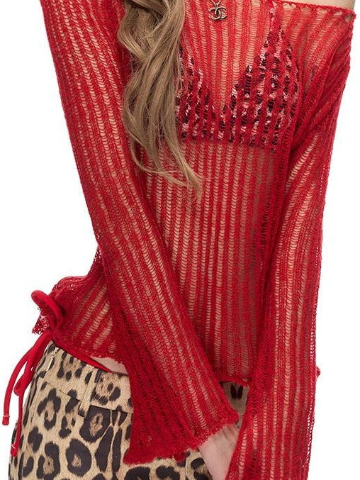 Fanptntox Two Tone Striped Cutout Sheer Knit Women's Polyester Off-shoulder Sweaters