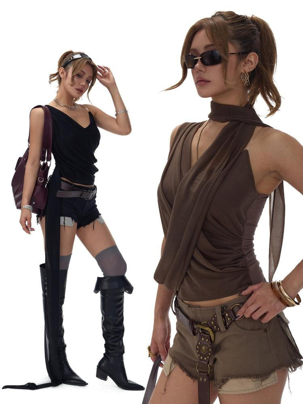 Fanptntox Two Tone V-neck Slim Fit Ribbon Tie Mesh Overlay Women's Tulle Camisoles