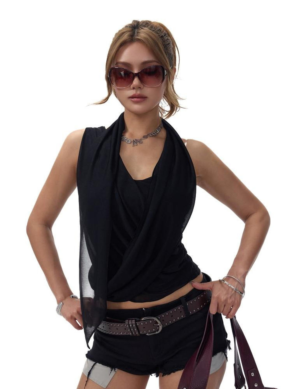 Fanptntox Two Tone V-neck Slim Fit Ribbon Tie Mesh Overlay Women's Tulle Camisoles