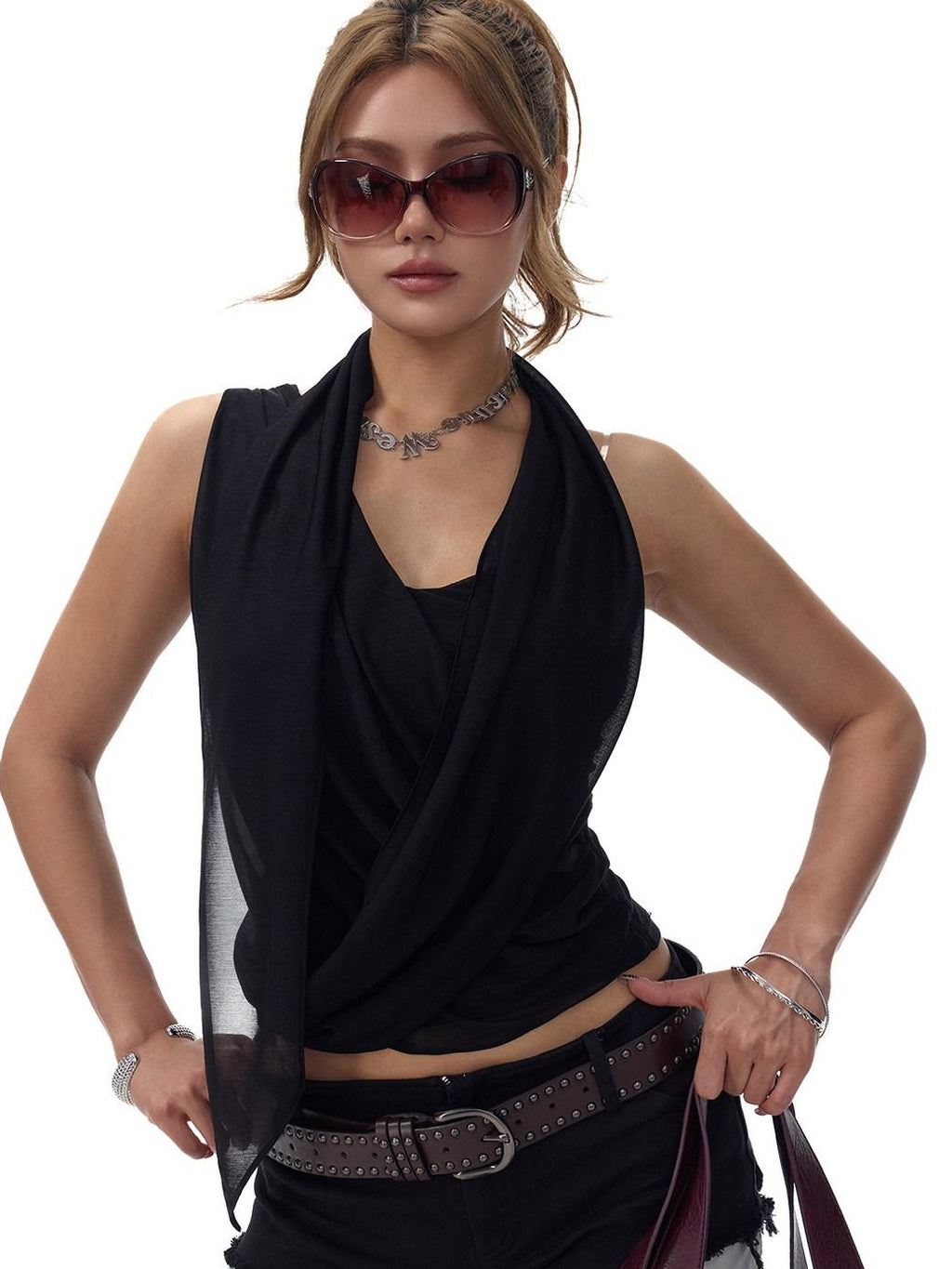 Fanptntox Two Tone V-neck Slim Fit Ribbon Tie Mesh Overlay Women's Tulle Camisoles