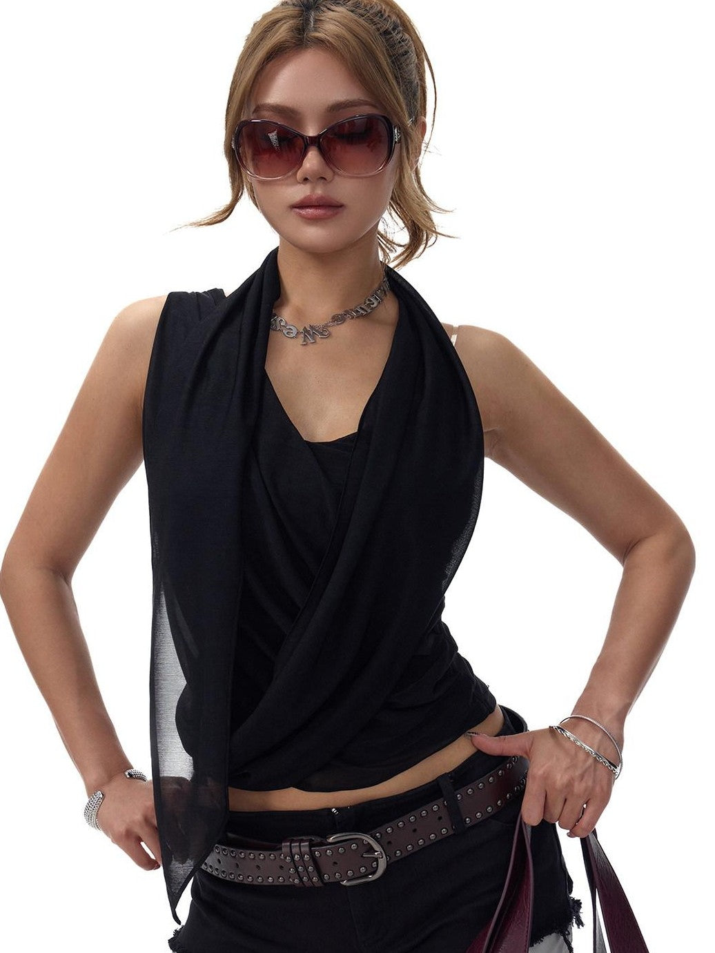 Fanptntox Two Tone V-neck Slim Fit Ribbon Tie Mesh Overlay Women's Tulle Camisoles