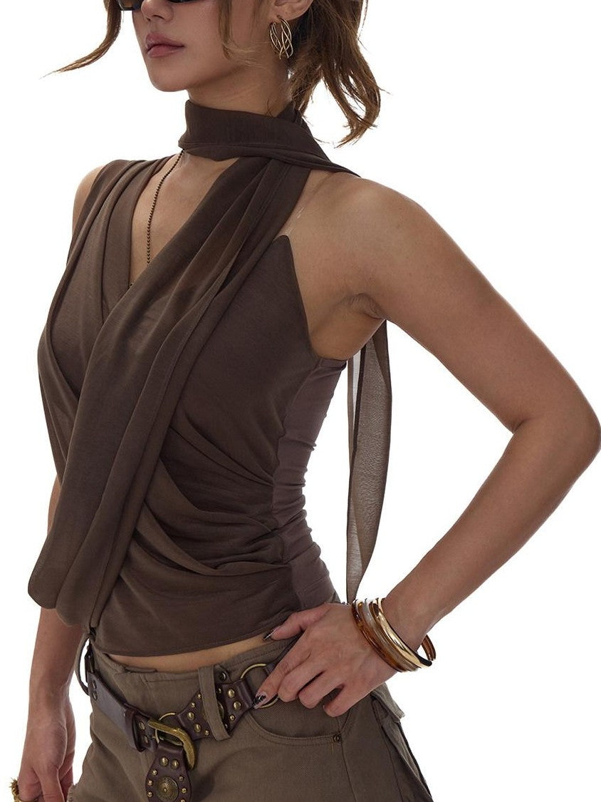 Fanptntox Two Tone V-neck Slim Fit Ribbon Tie Mesh Overlay Women's Tulle Camisoles