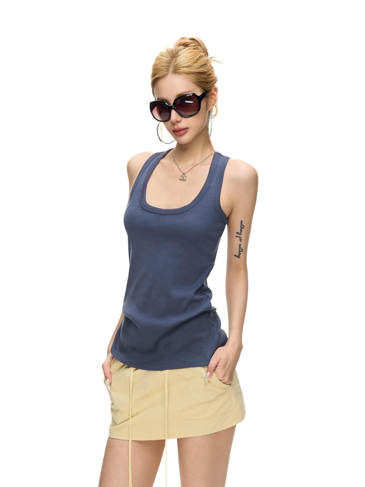 Fanptntox U Neck Ribbed Knit Slim Curve Micro Stretch Women's Cotton Tank Tops