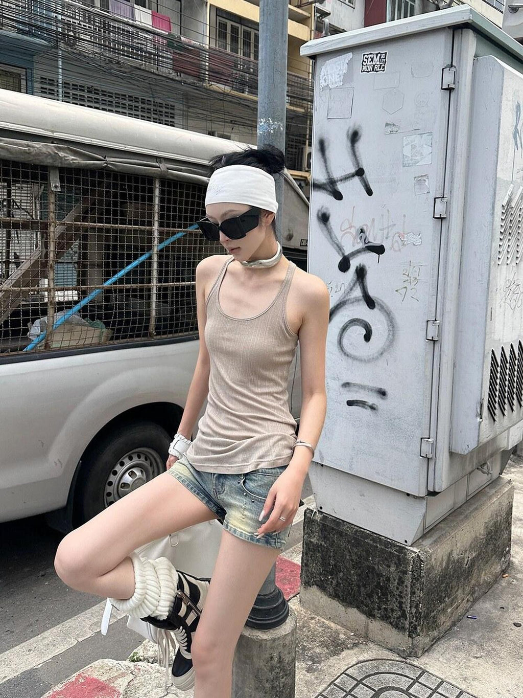 Fanptntox U Neck Semi Sheer Cross Back Slim Fit Women's Knit Mid Length Tank Tops