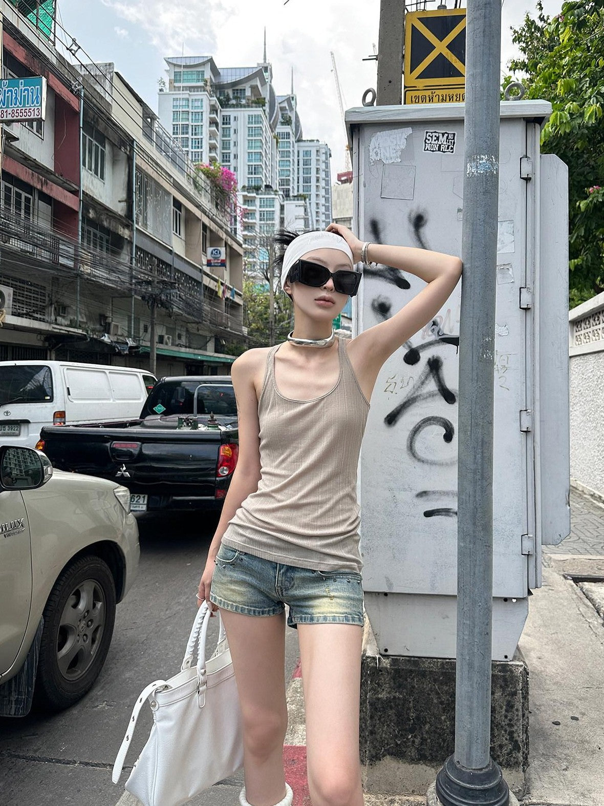 Fanptntox U Neck Semi Sheer Cross Back Slim Fit Women's Knit Mid Length Tank Tops