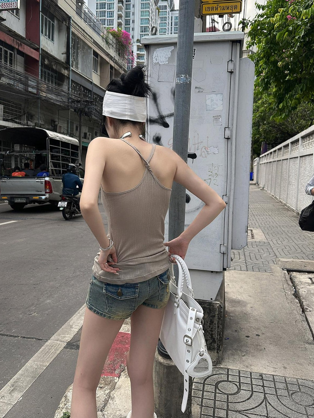 Fanptntox U Neck Semi Sheer Cross Back Slim Fit Women's Knit Mid Length Tank Tops
