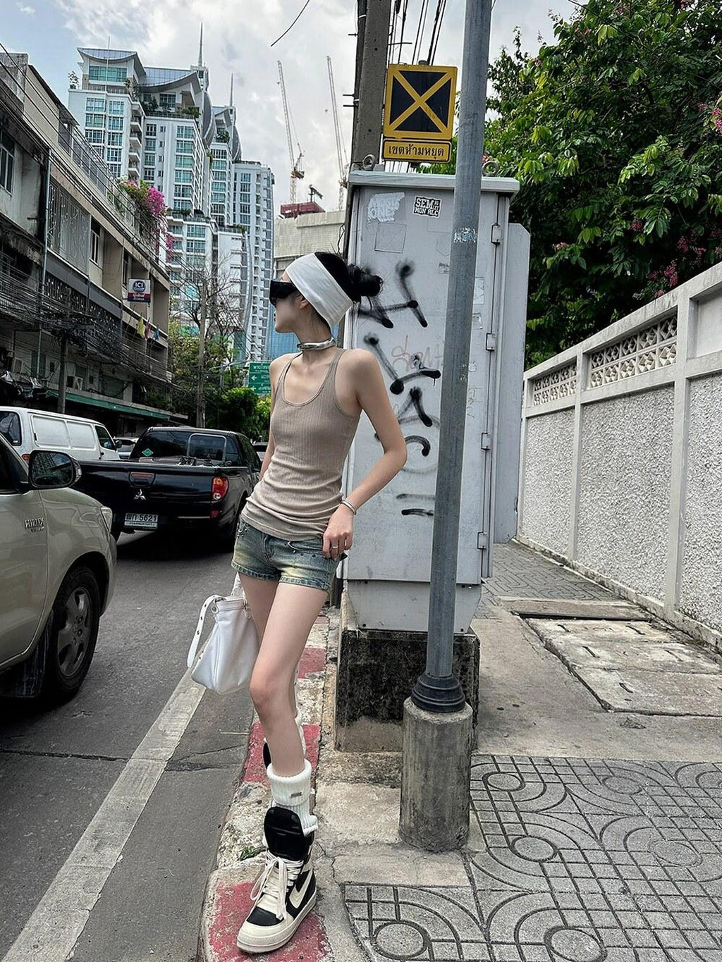 Fanptntox U Neck Semi Sheer Cross Back Slim Fit Women's Knit Mid Length Tank Tops