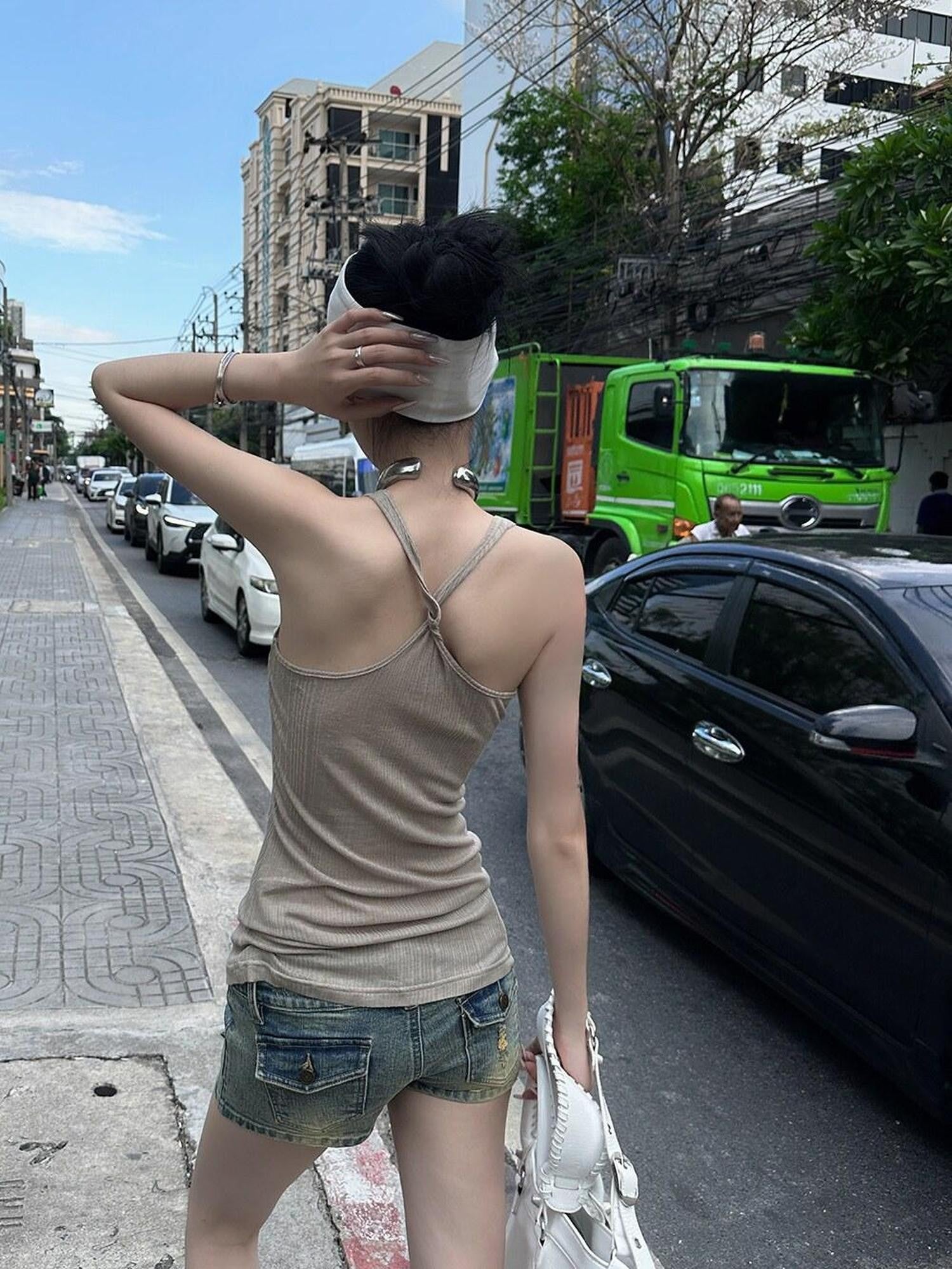 Fanptntox U Neck Semi Sheer Cross Back Slim Fit Women's Knit Mid Length Tank Tops