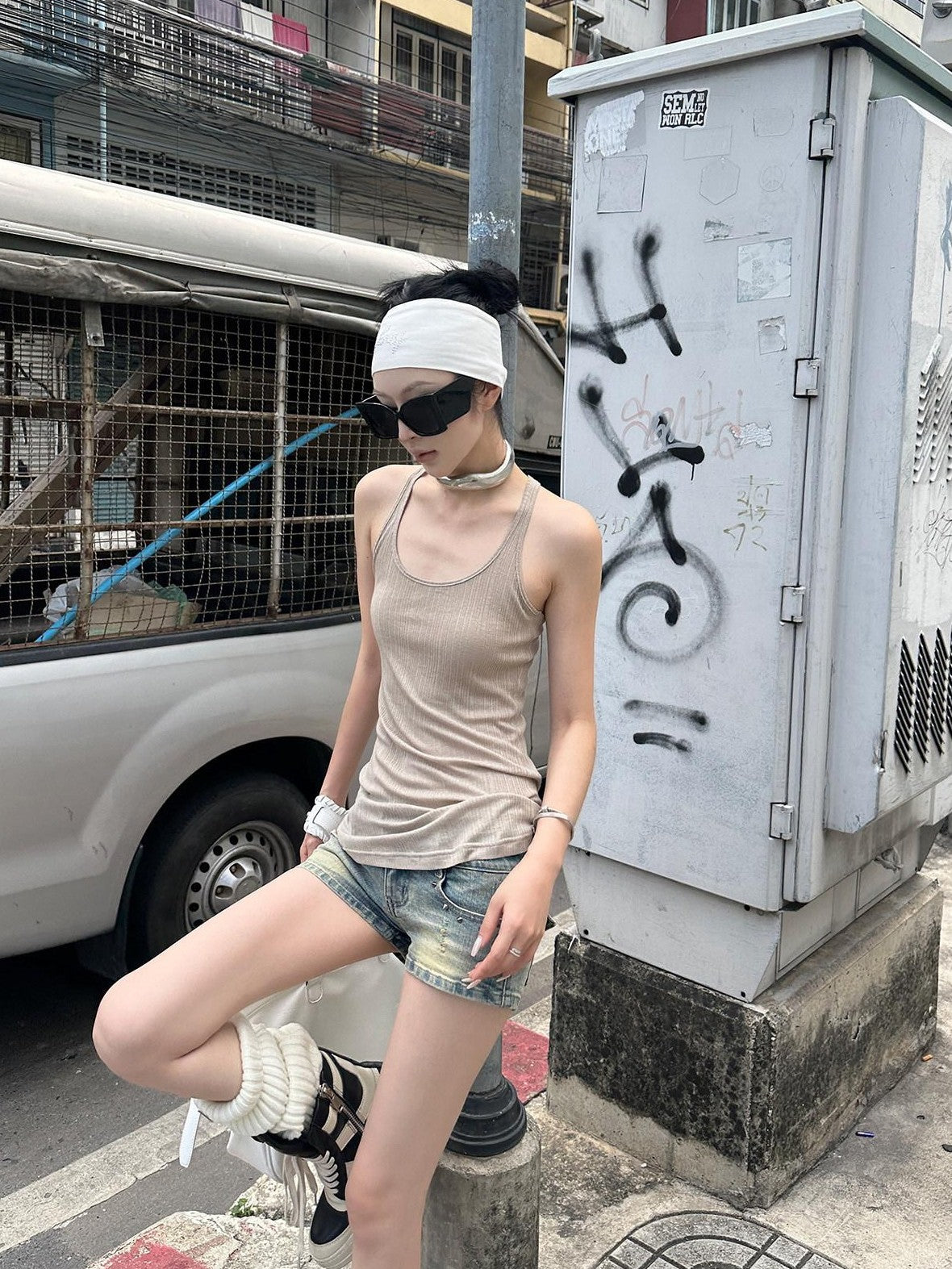 Fanptntox U Neck Semi Sheer Cross Back Slim Fit Women's Knit Mid Length Tank Tops