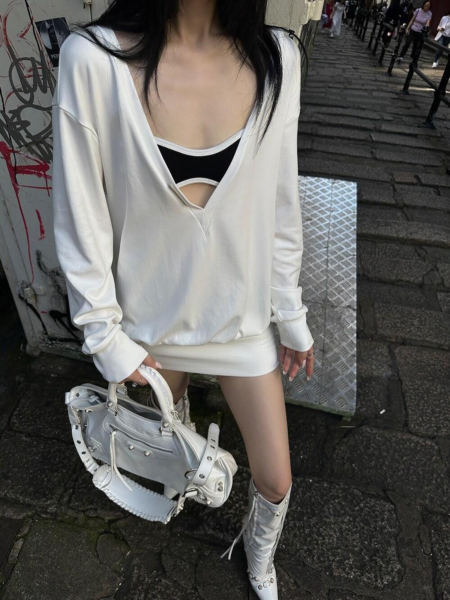 Fanptntox V-neck Long Sleeve High Waist Sweatshirt Aline Women's Casual Mini Dresses
