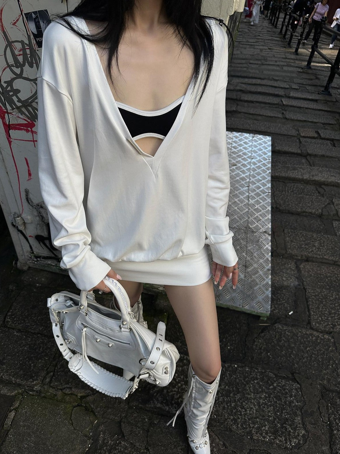 Fanptntox V-neck Long Sleeve High Waist Sweatshirt Aline Women's Casual Mini Dresses