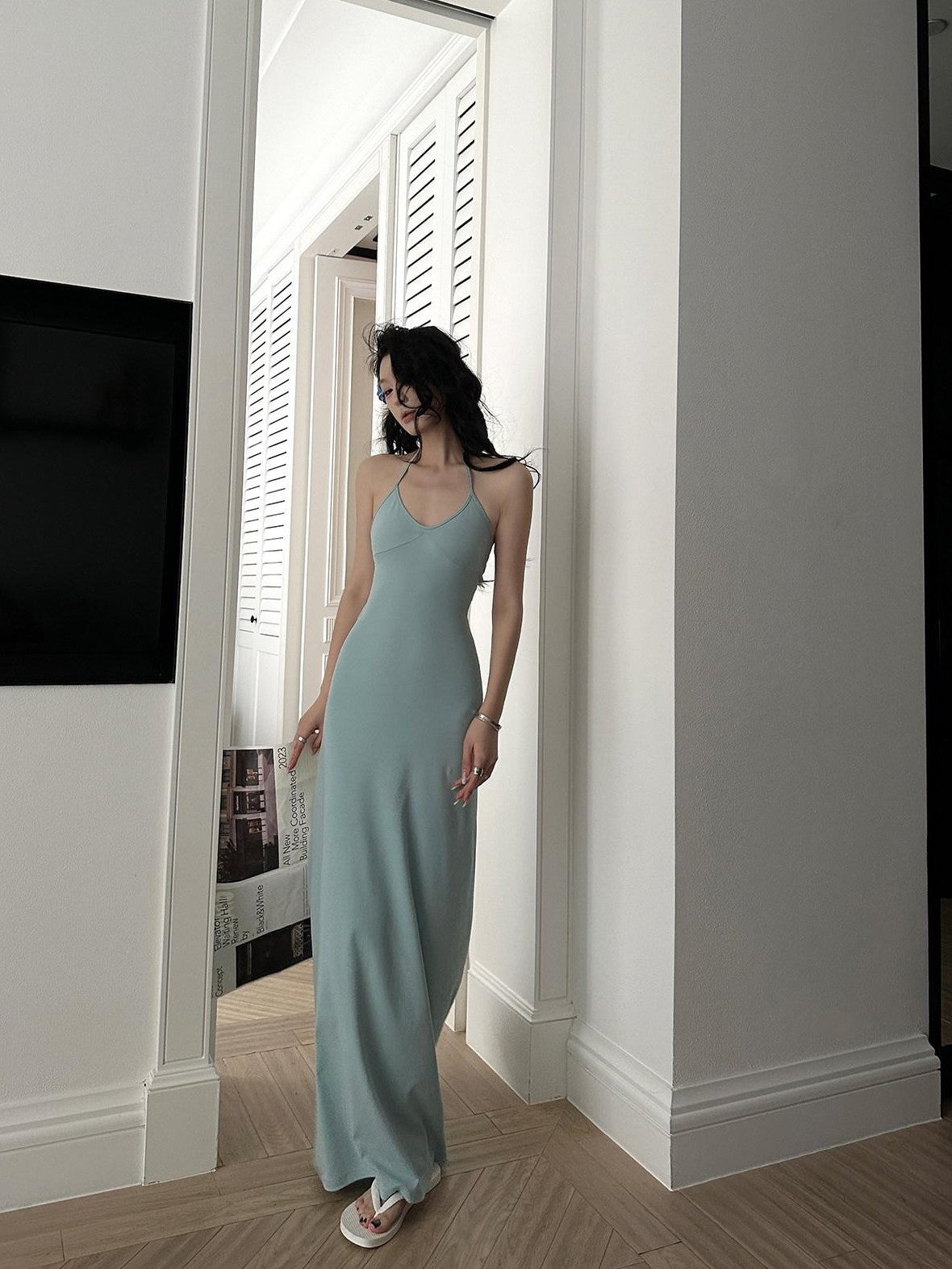Fanptntox V-neck Strappy Solid Cinched Waist Hip Hugging Women's Bodycon Maxi Dresses