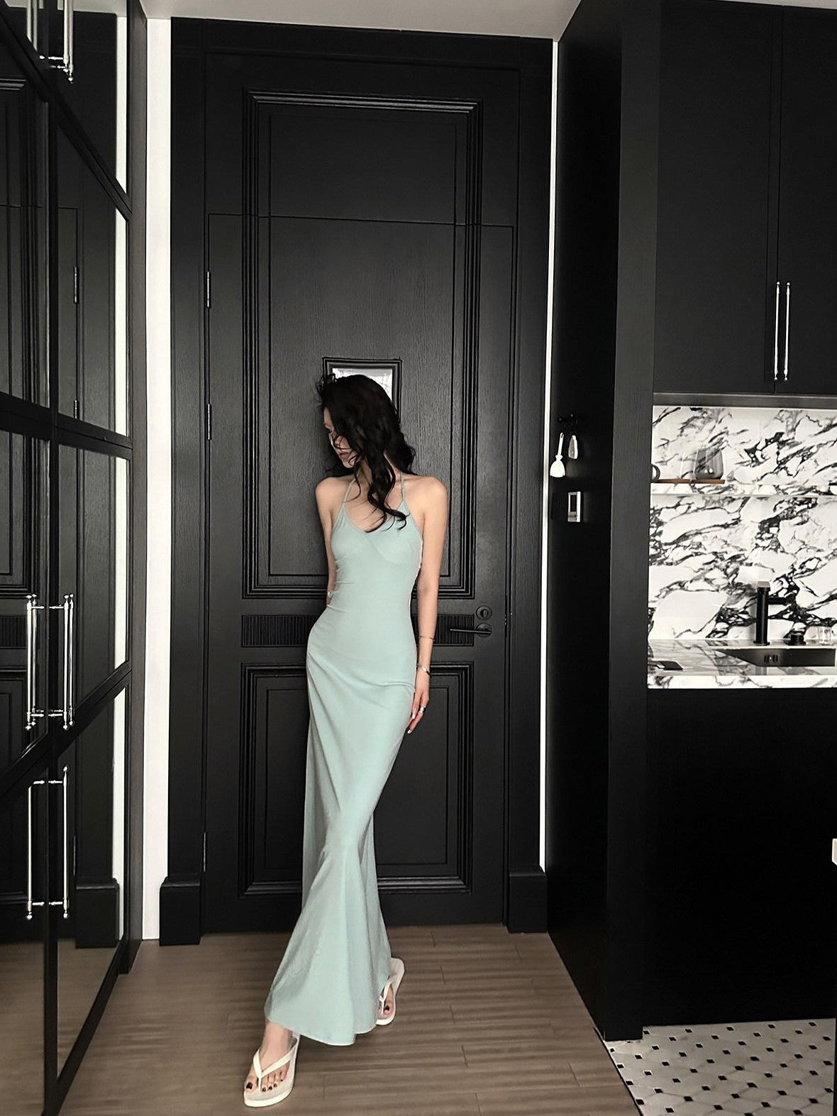 Fanptntox V-neck Strappy Solid Cinched Waist Hip Hugging Women's Bodycon Maxi Dresses
