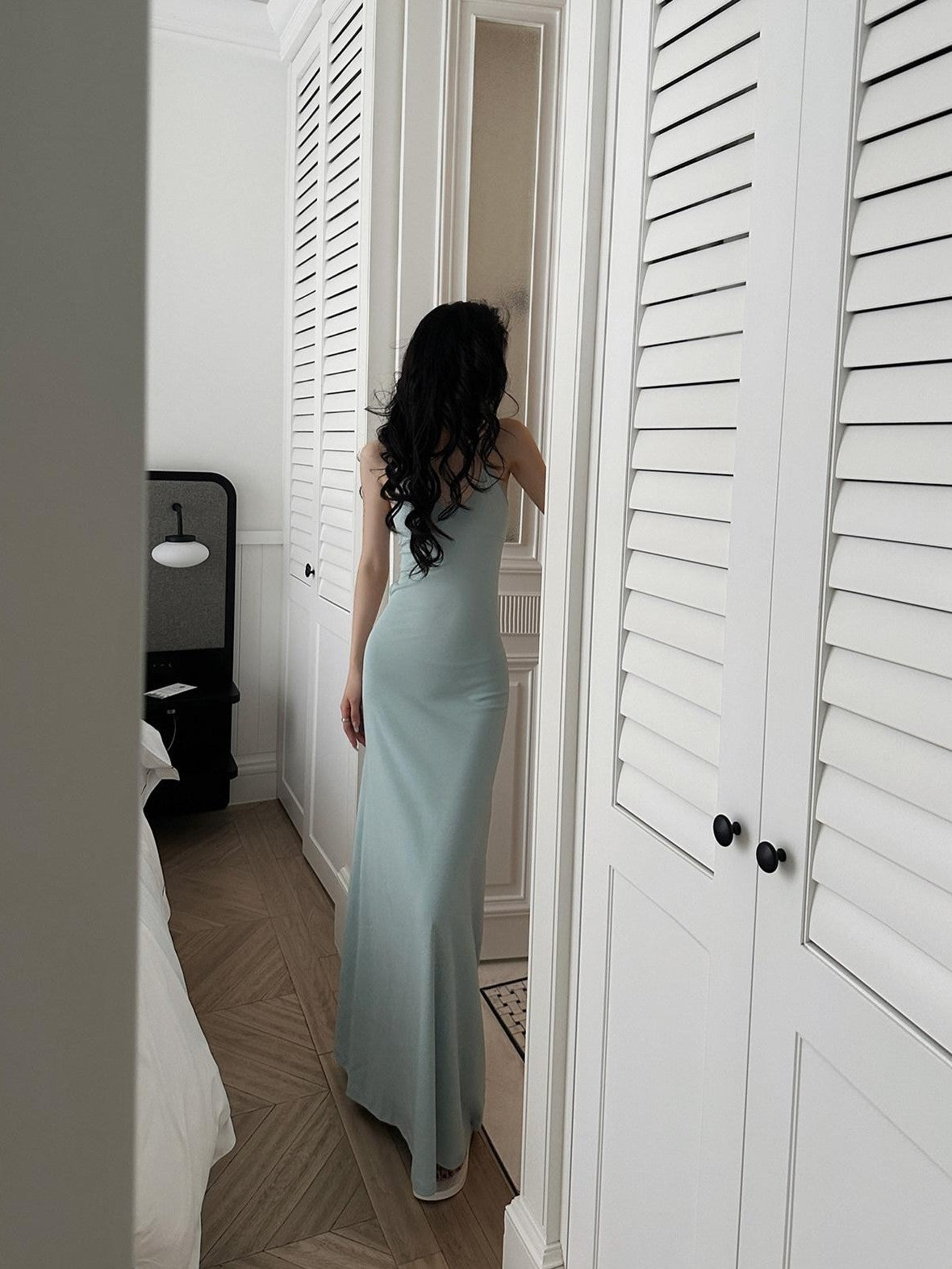 Fanptntox V-neck Strappy Solid Cinched Waist Hip Hugging Women's Bodycon Maxi Dresses