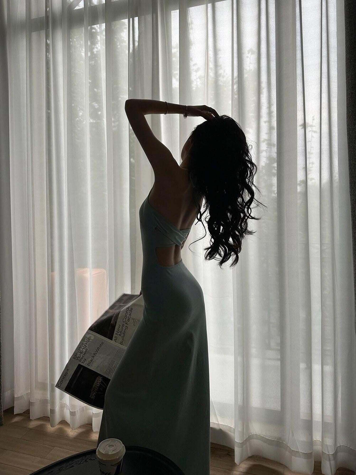 Fanptntox V-neck Strappy Solid Cinched Waist Hip Hugging Women's Bodycon Maxi Dresses