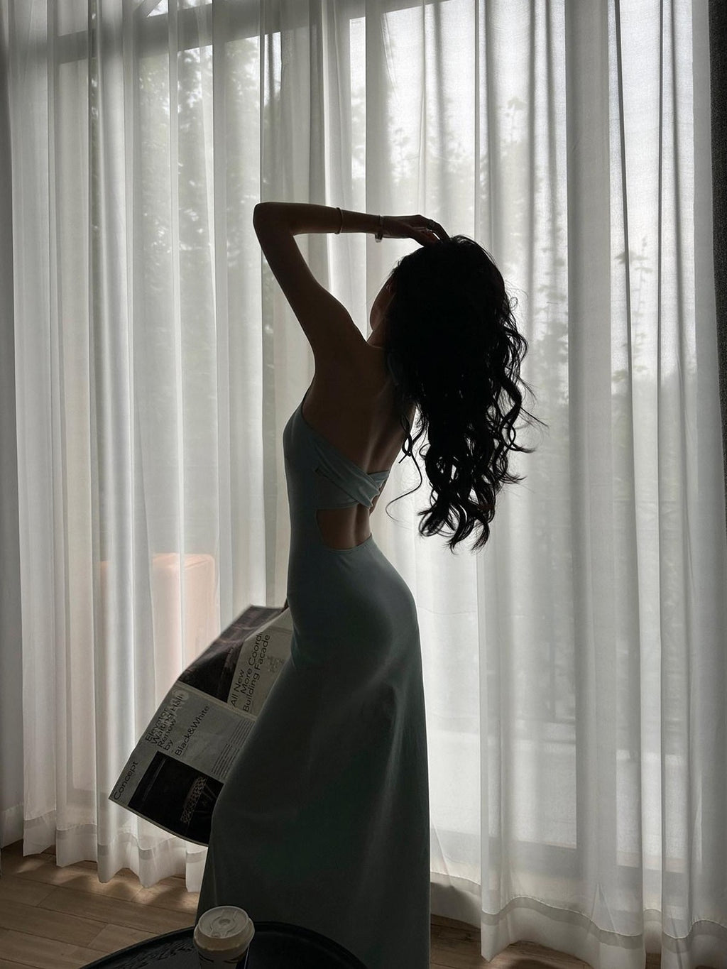 Fanptntox V-neck Strappy Solid Cinched Waist Hip Hugging Women's Bodycon Maxi Dresses