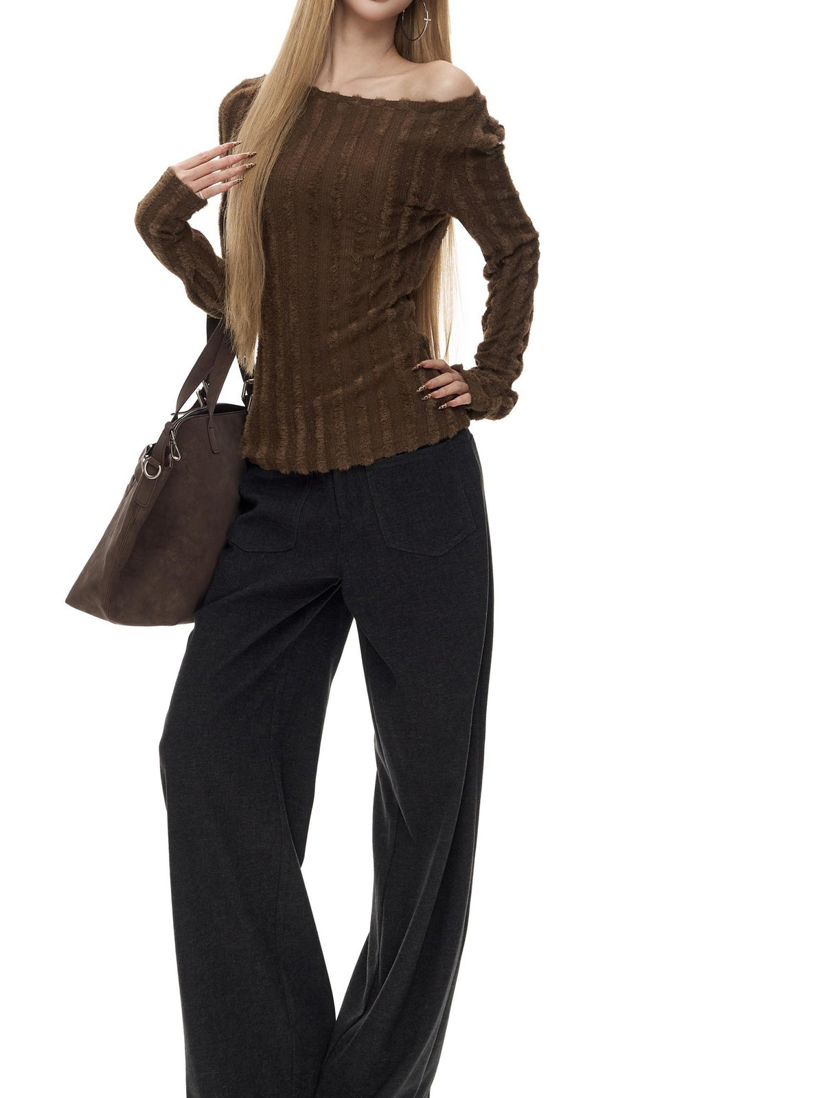 Fanptntox Vertical Striped Slim Fit Knit Crew Neck Women's Polyester Sweaters