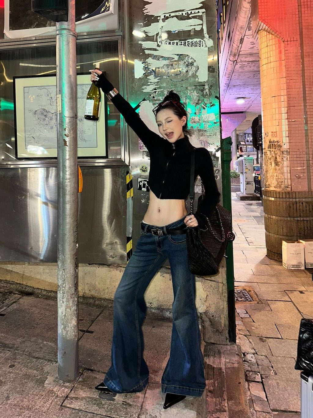 Fanptntox Vintage Blue Low Rise Micro Flare Women's Denim Bootcut Jeans