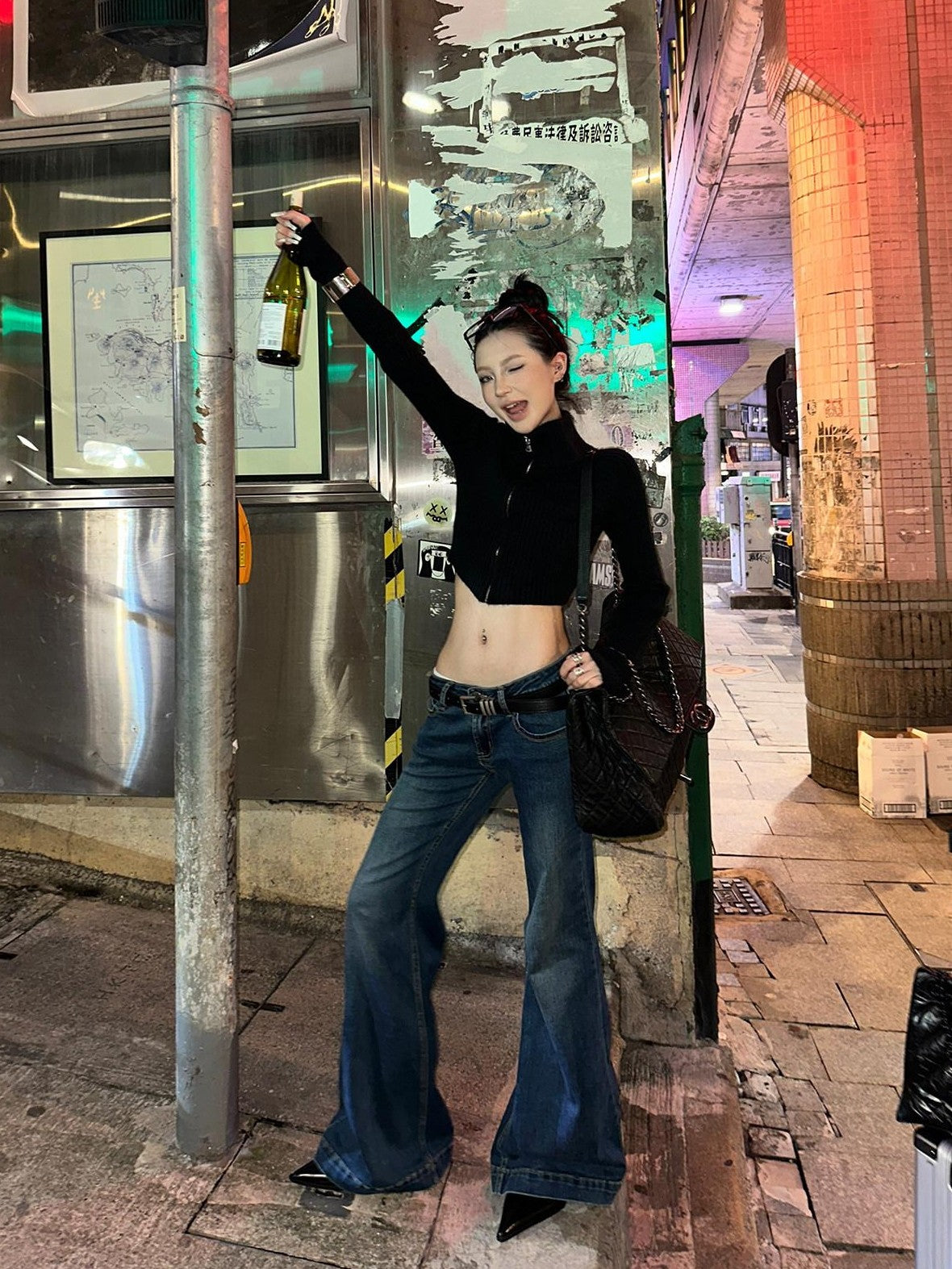 Fanptntox Vintage Blue Low Rise Micro Flare Women's Denim Bootcut Jeans