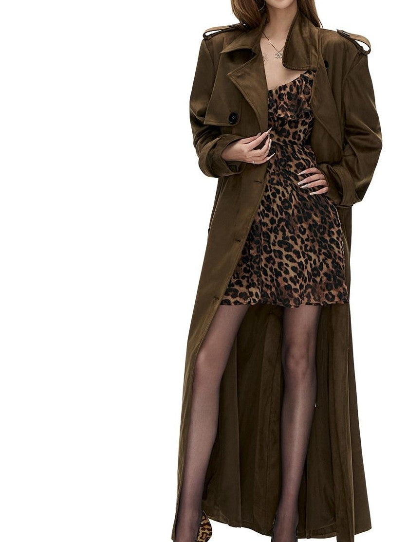Fanptntox Vintage Brown Double Breasted Belted Lapel Women's Suede Trench Coats