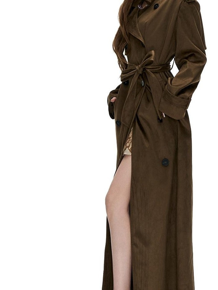 Fanptntox Vintage Brown Double Breasted Belted Lapel Women's Suede Trench Coats