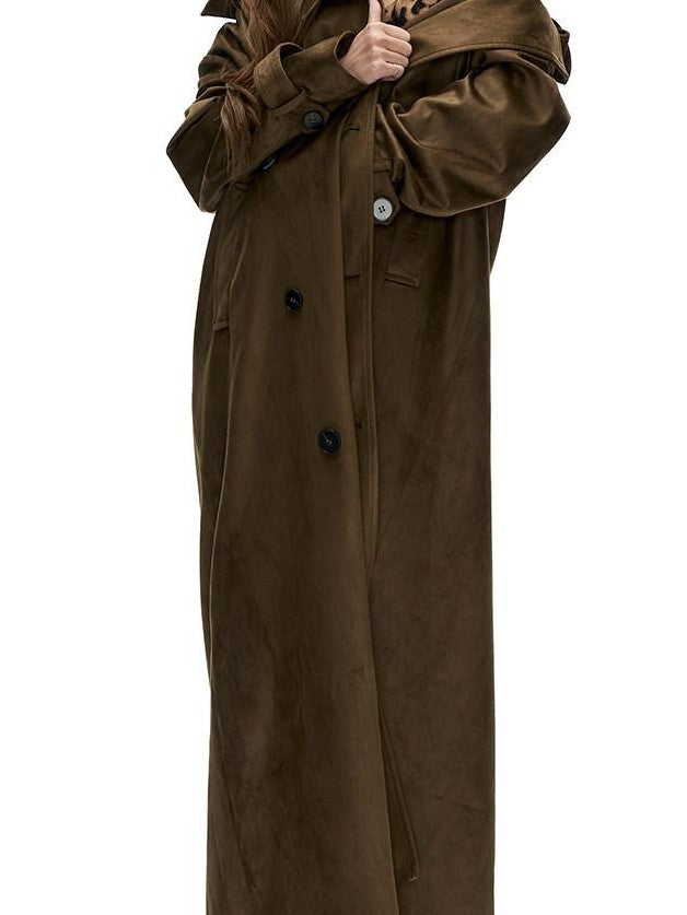 Fanptntox Vintage Brown Double Breasted Belted Lapel Women's Suede Trench Coats
