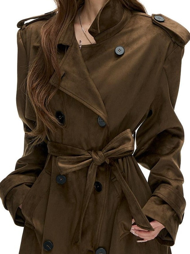 Fanptntox Vintage Brown Double Breasted Belted Lapel Women's Suede Trench Coats