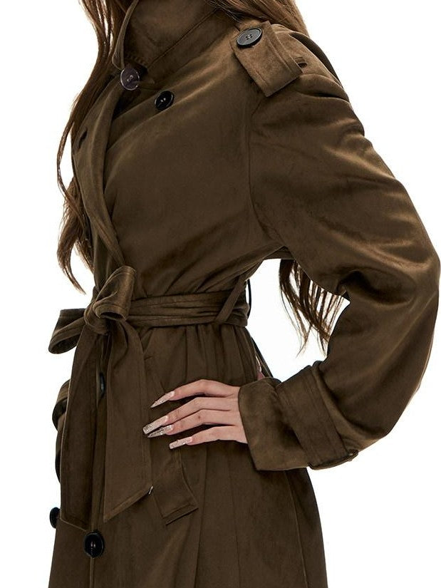 Fanptntox Vintage Brown Double Breasted Belted Lapel Women's Suede Trench Coats