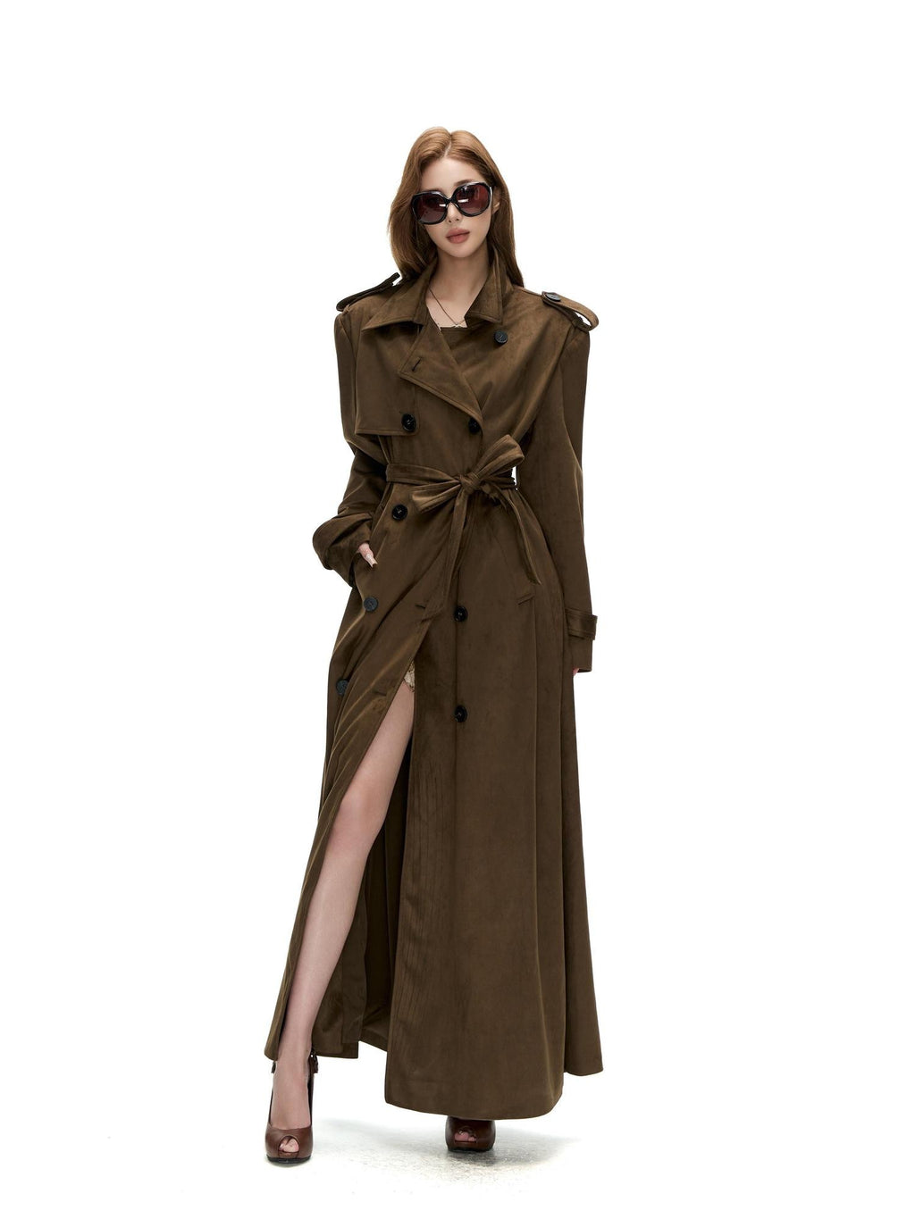 Fanptntox Vintage Brown Double Breasted Belted Lapel Women's Suede Trench Coats