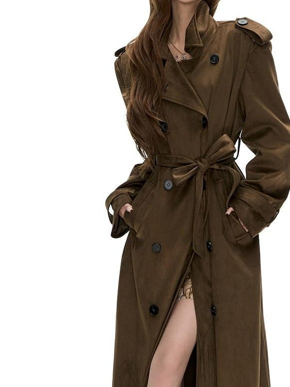 Fanptntox Vintage Brown Double Breasted Belted Lapel Women's Suede Trench Coats