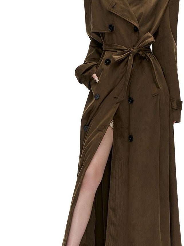 Fanptntox Vintage Brown Double Breasted Belted Lapel Women's Suede Trench Coats