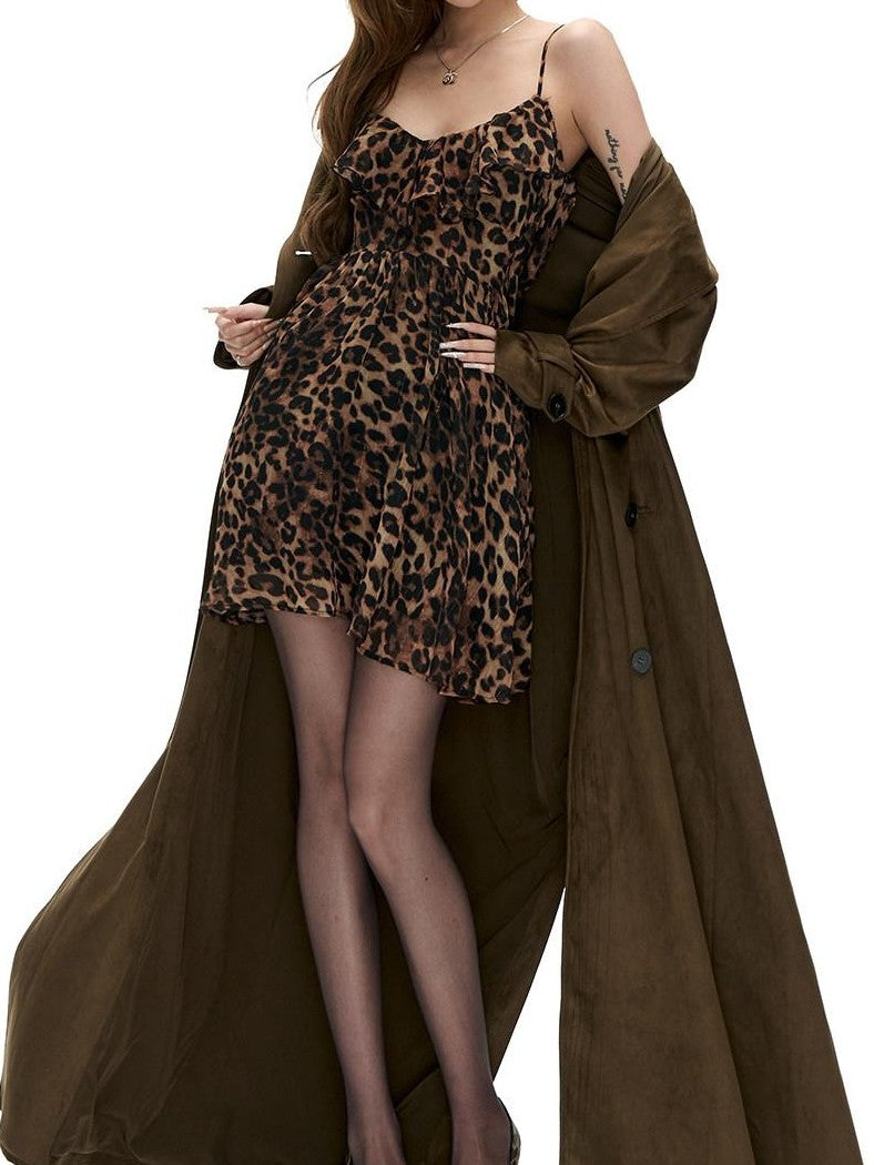 Fanptntox Vintage Brown Double Breasted Belted Lapel Women's Suede Trench Coats