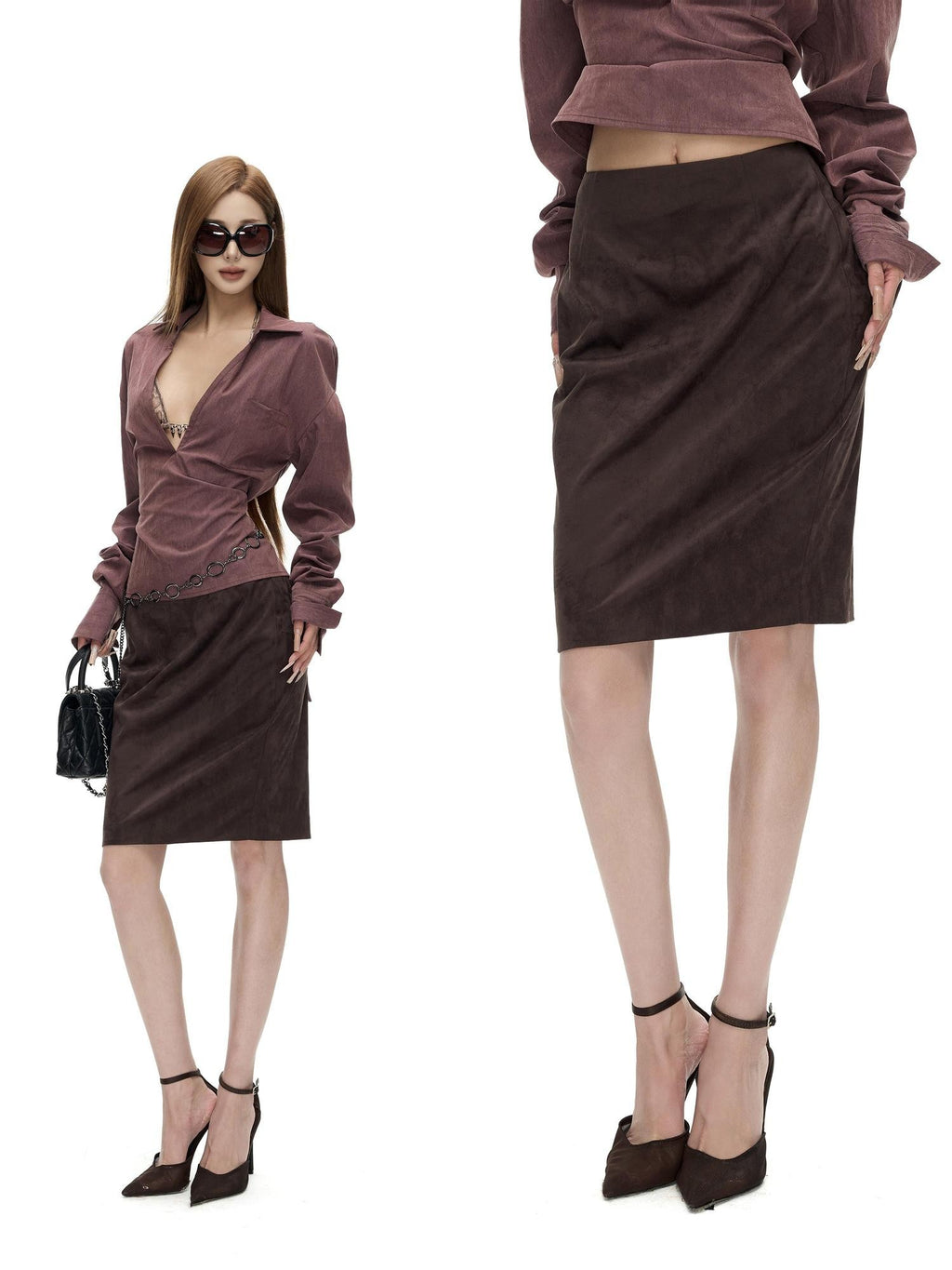 Fanptntox Vintage Brown Faux Suede Low Rise Bodycon Pencil Women's Midi Skirts