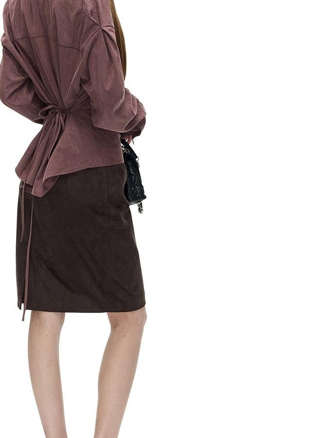 Fanptntox Vintage Brown Faux Suede Low Rise Bodycon Pencil Women's Midi Skirts