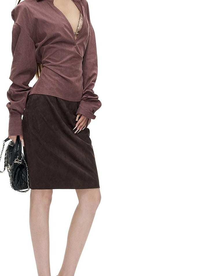 Fanptntox Vintage Brown Faux Suede Low Rise Bodycon Pencil Women's Midi Skirts