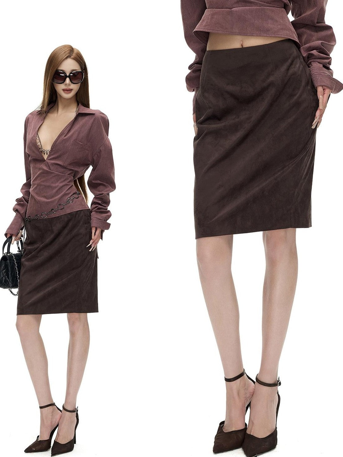 Fanptntox Vintage Brown Faux Suede Low Rise Bodycon Pencil Women's Midi Skirts