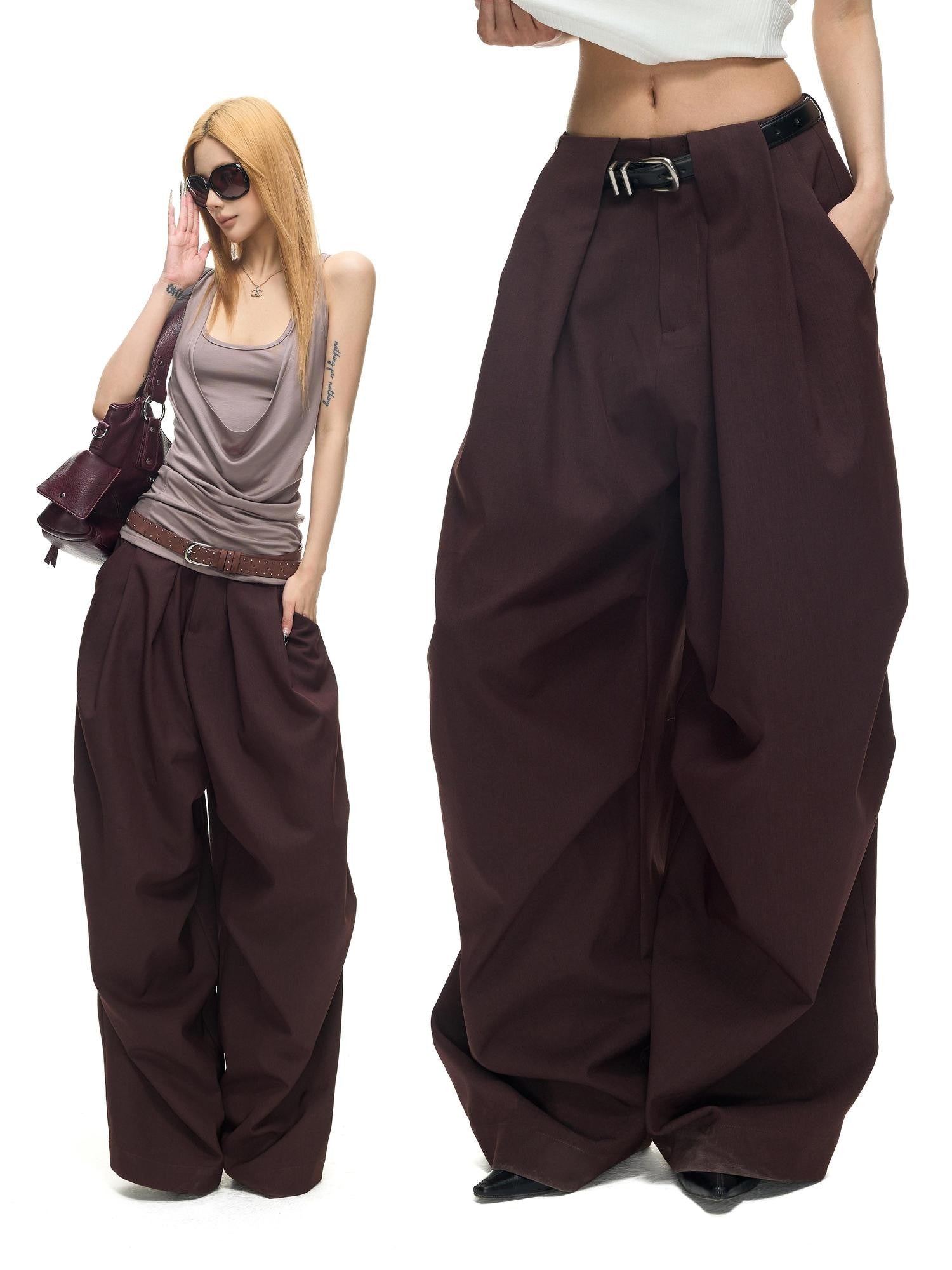 Fanptntox Vintage Dark Purple Pleated Low Waist Women's Polyester Viscose Wide-leg Pants
