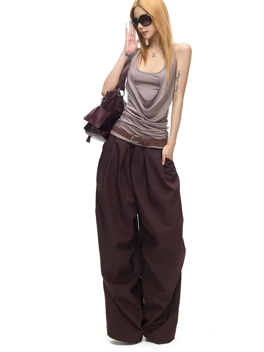 Fanptntox Vintage Dark Purple Pleated Low Waist Women's Polyester Viscose Wide-leg Pants