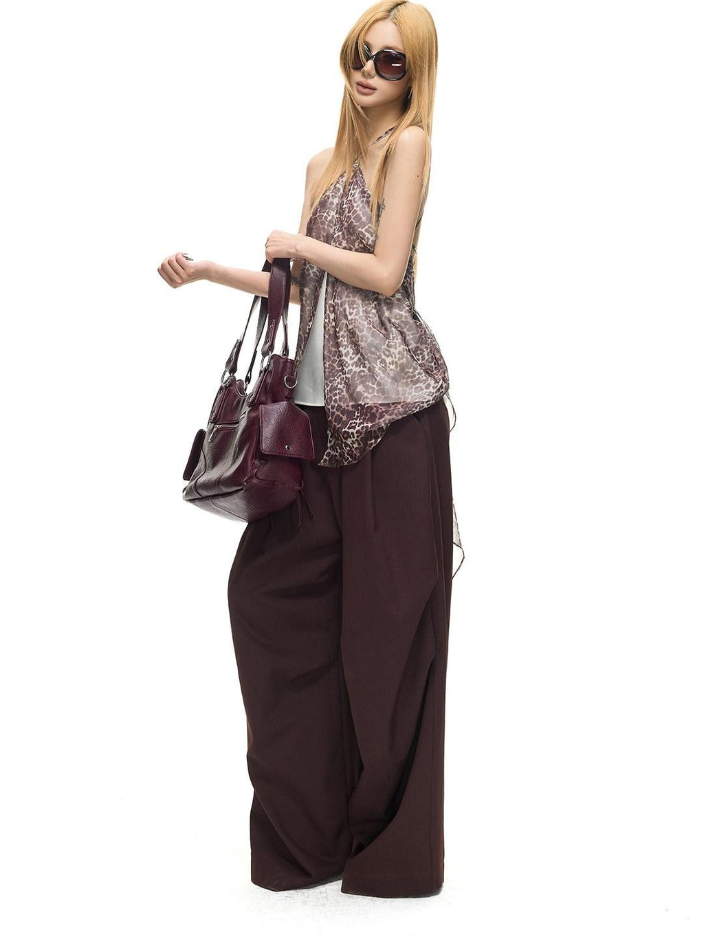 Fanptntox Vintage Dark Purple Pleated Low Waist Women's Polyester Viscose Wide-leg Pants
