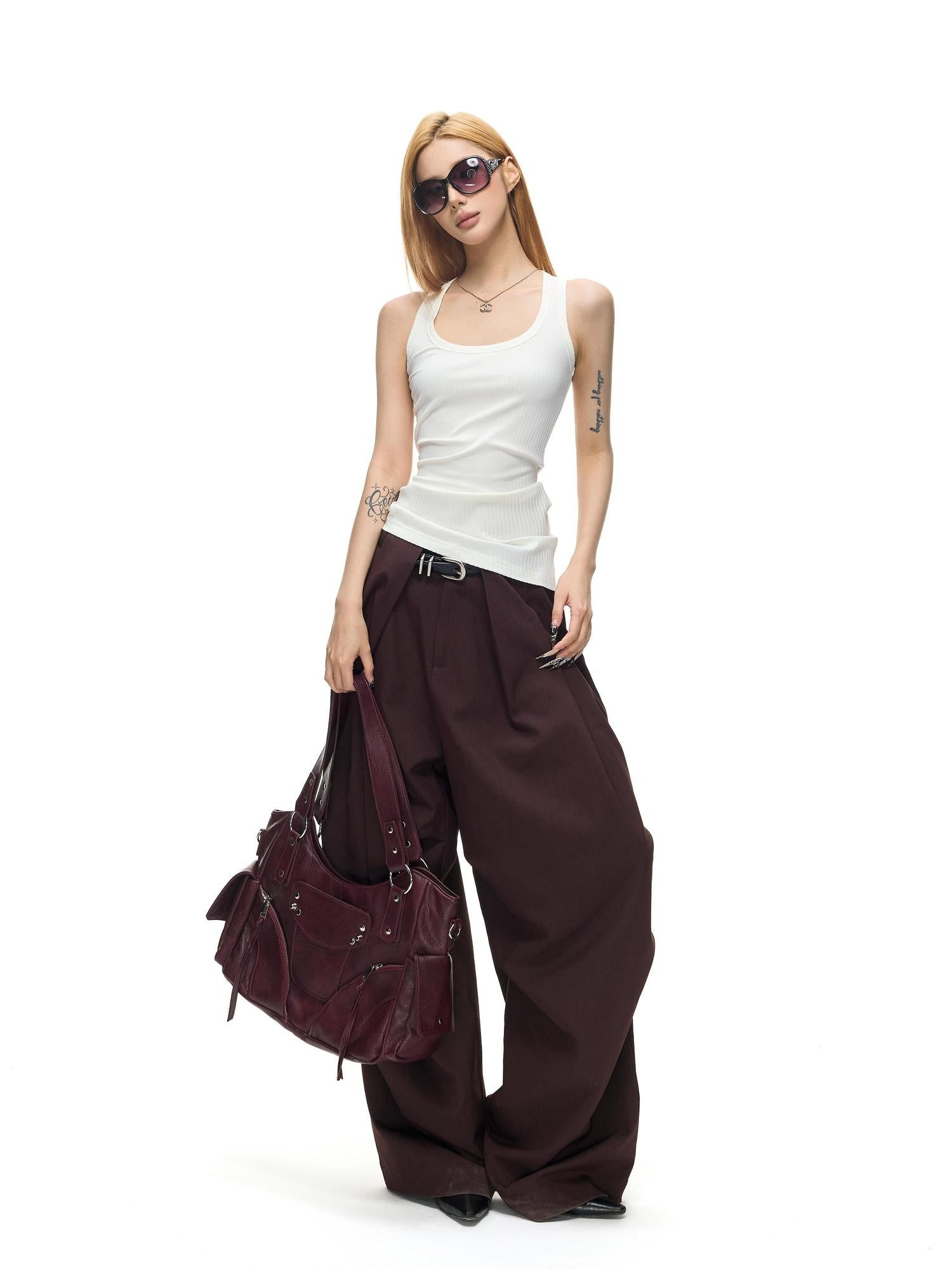 Fanptntox Vintage Dark Purple Pleated Low Waist Women's Polyester Viscose Wide-leg Pants