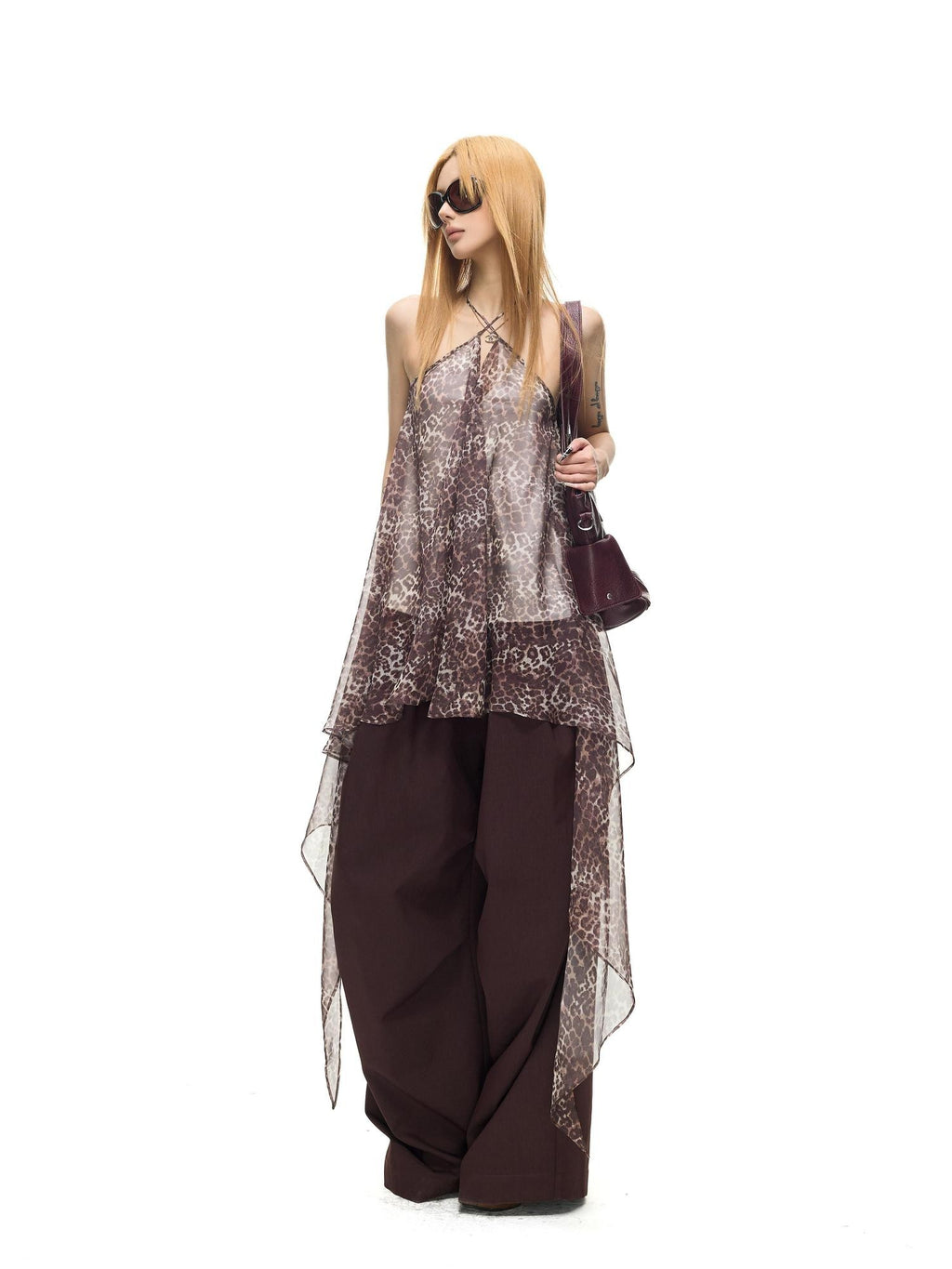 Fanptntox Vintage Dark Purple Pleated Low Waist Women's Polyester Viscose Wide-leg Pants