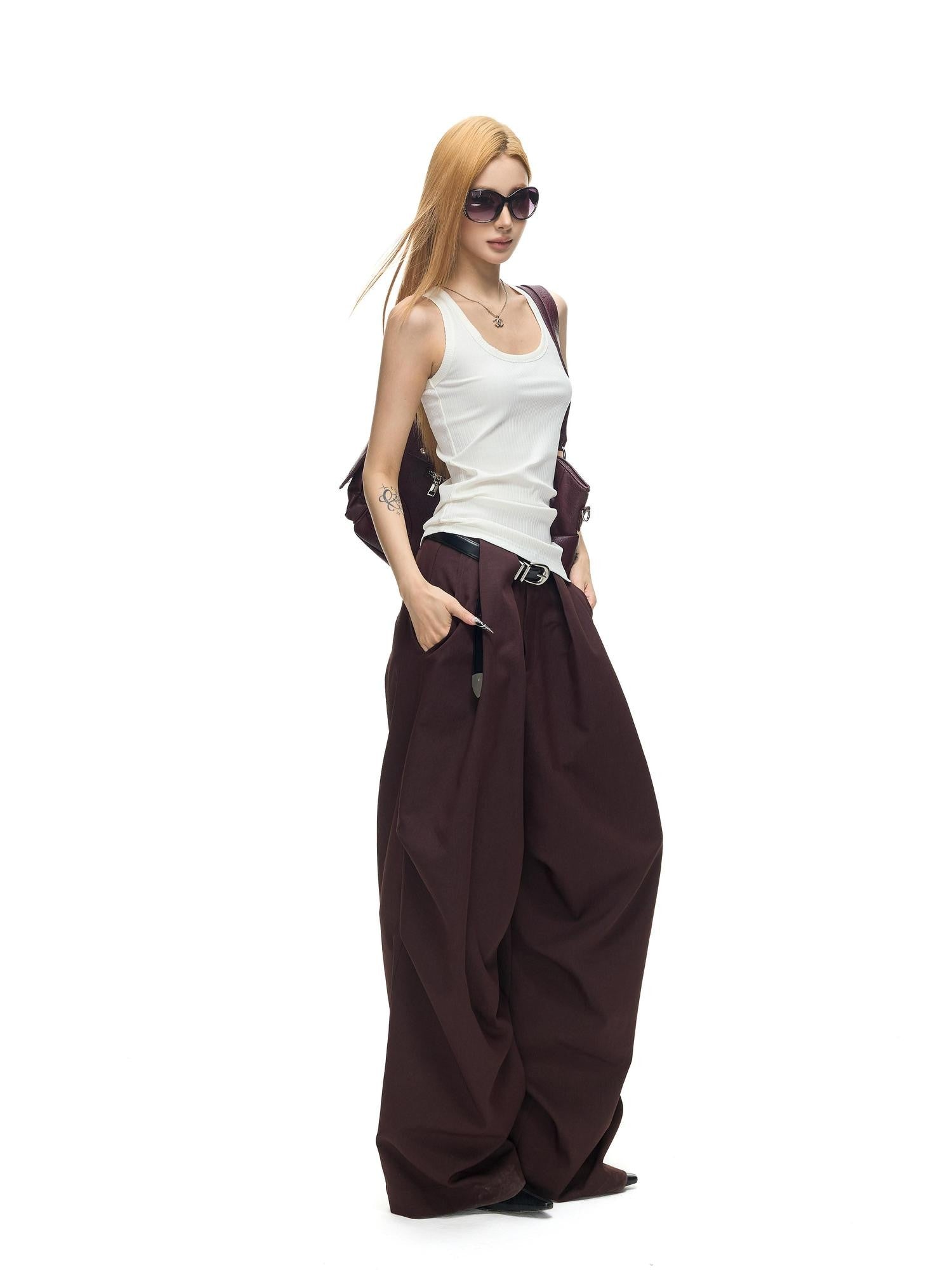 Fanptntox Vintage Dark Purple Pleated Low Waist Women's Polyester Viscose Wide-leg Pants