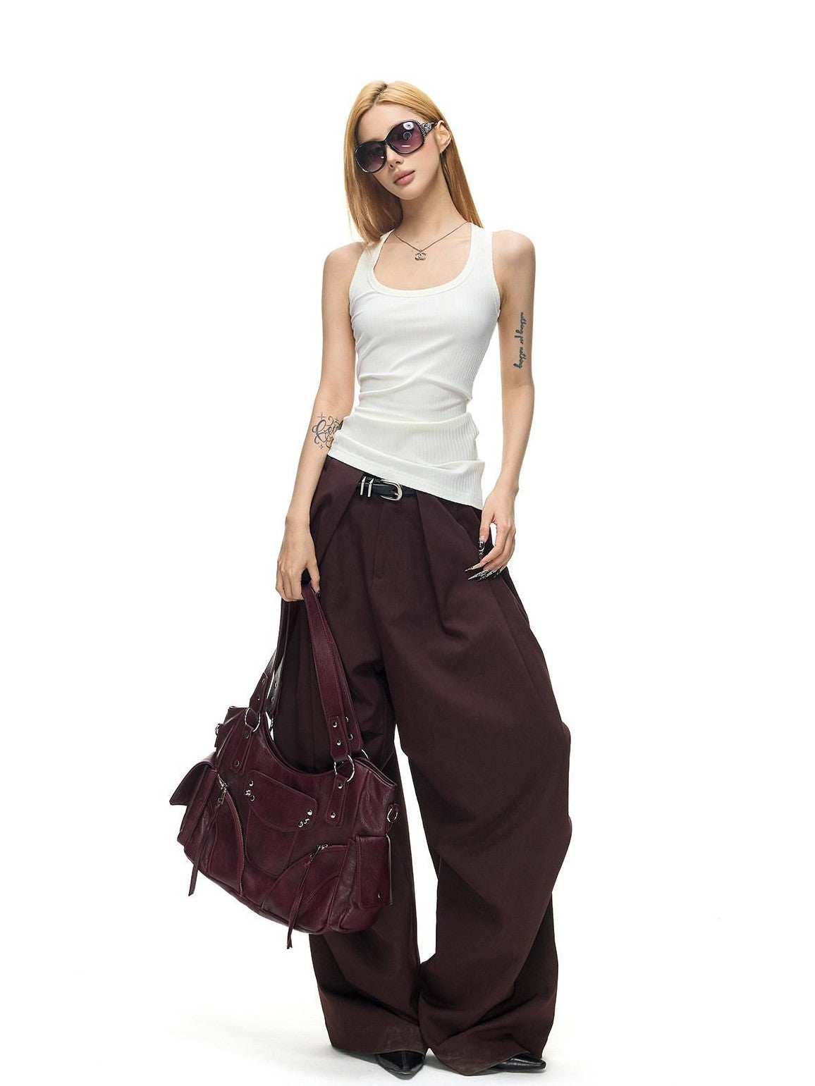 Fanptntox Vintage Dark Purple Pleated Low Waist Women's Polyester Viscose Wide-leg Pants