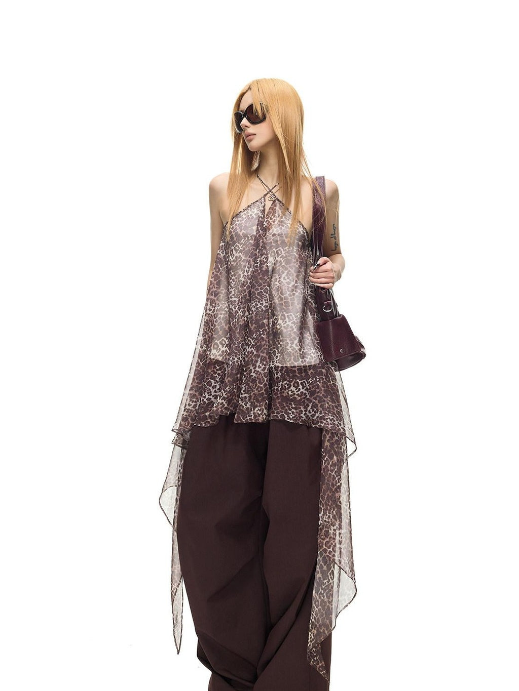 Fanptntox Vintage Dark Purple Pleated Low Waist Women's Polyester Viscose Wide-leg Pants