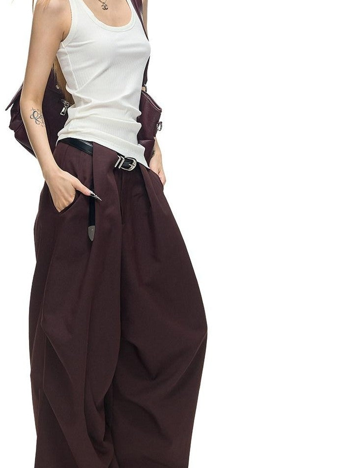Fanptntox Vintage Dark Purple Pleated Low Waist Women's Polyester Viscose Wide-leg Pants