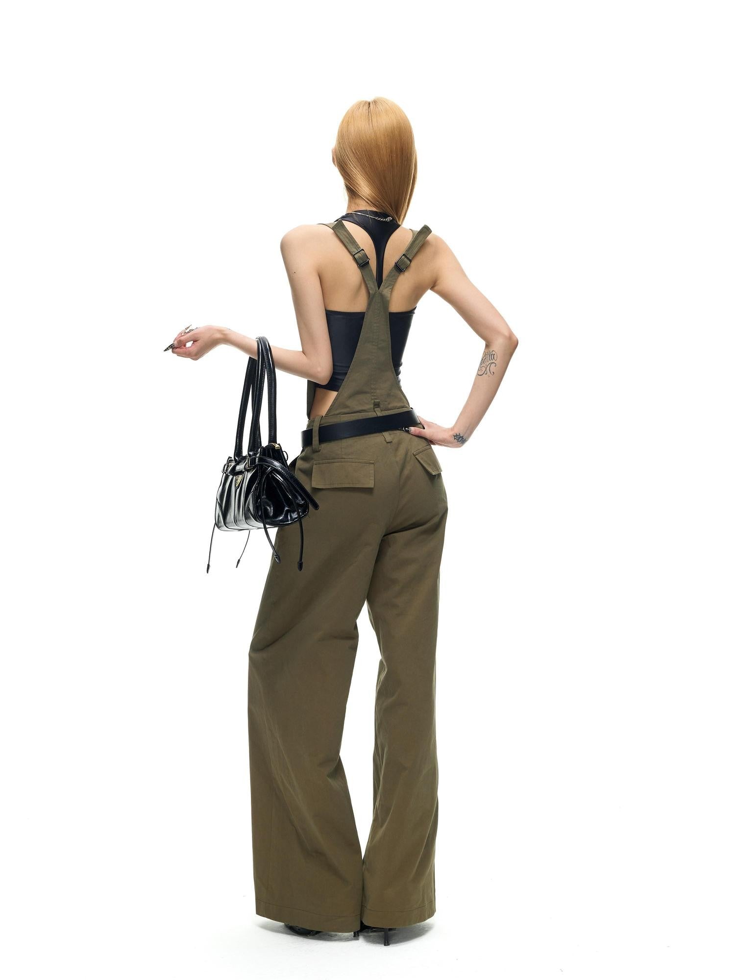 Fanptntox Vintage Deconstructed V Military Green Suspender Women's Cotton Wide-leg Pants