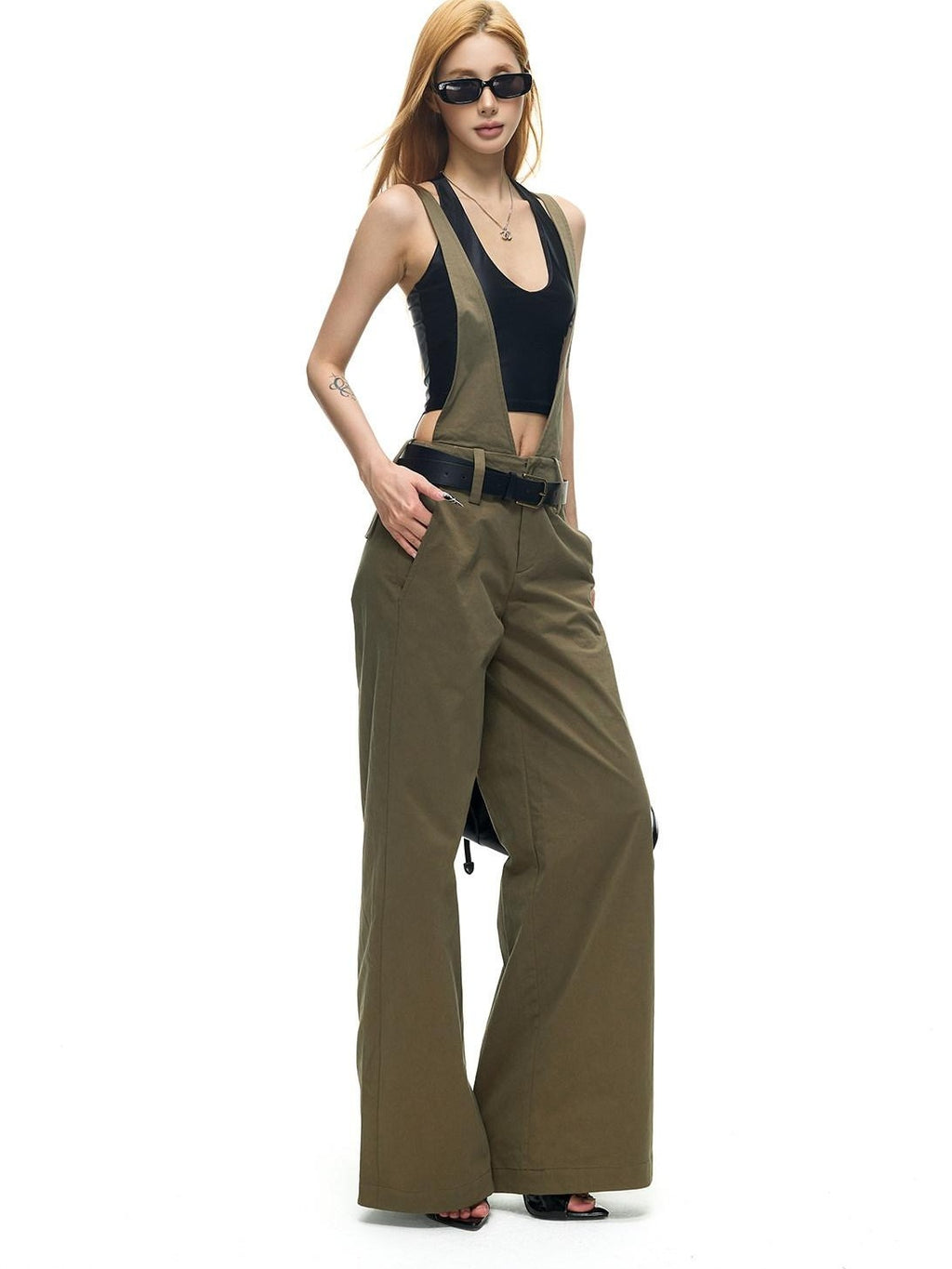 Fanptntox Vintage Deconstructed V Military Green Suspender Women's Cotton Wide-leg Pants