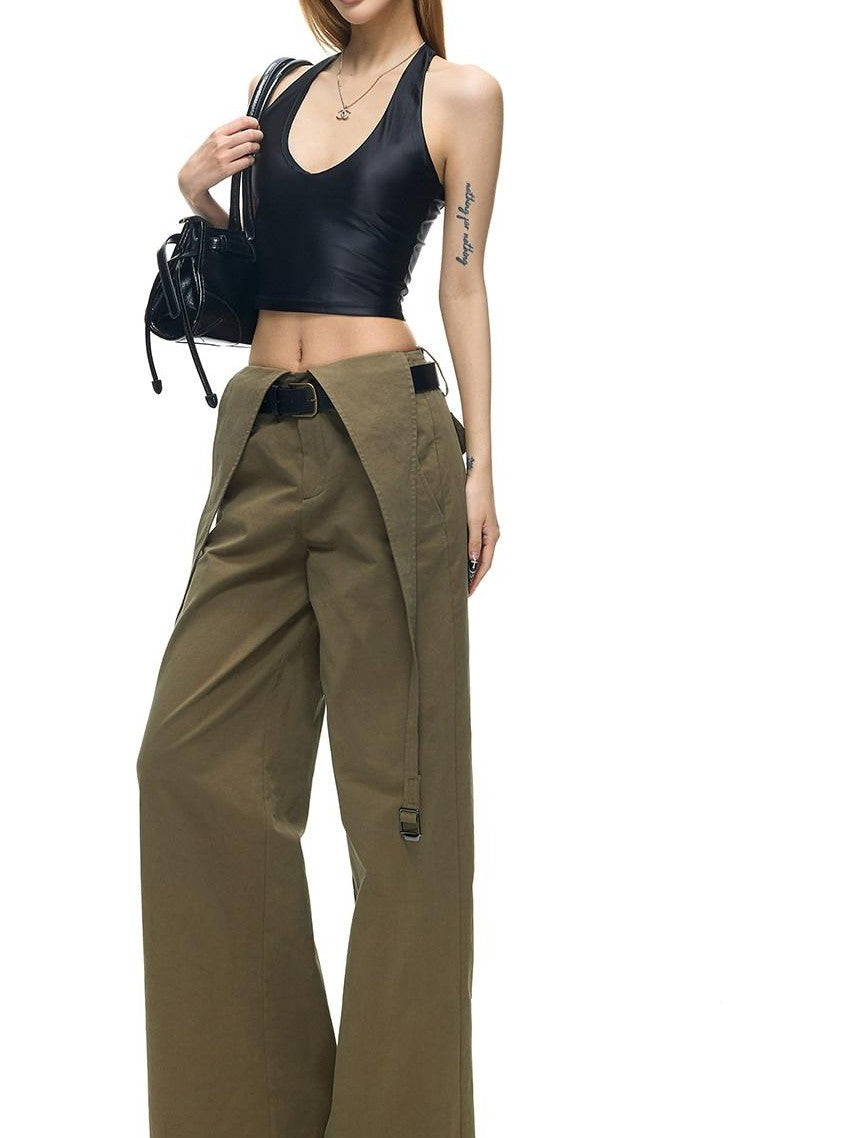 Fanptntox Vintage Deconstructed V Military Green Suspender Women's Cotton Wide-leg Pants